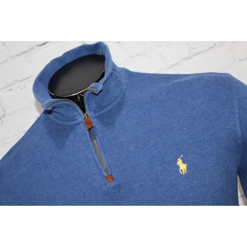 Polo Ralph Lauren Pullover Mens Medium Blue 1/4 Leather Zip Pull Cotton Sweater